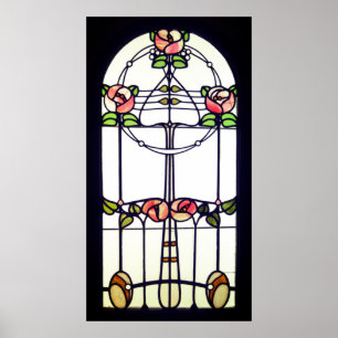 Stained glass look art nouveau floral window ポスター