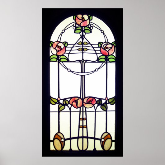 Stained glass look art nouveau floral window ポスター (正面)