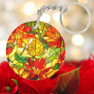 Stained glass look poinsettia flower tiffany キーホルダー