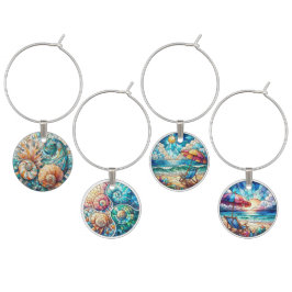 STAINED GLASS LOOK SEASHELLS & BEACH SCENE ワインチャーム