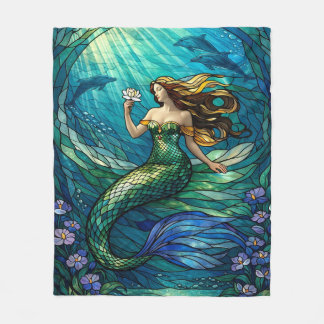 Stained Glass Mermaid Art フリースブランケット