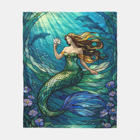 Stained Glass Mermaid Art フリースブランケット (正面)