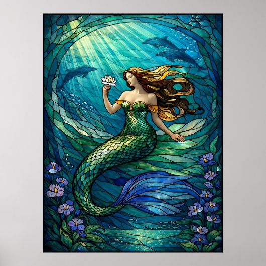 Stained Glass Mermaid Wall Art Poster ポスター (正面)