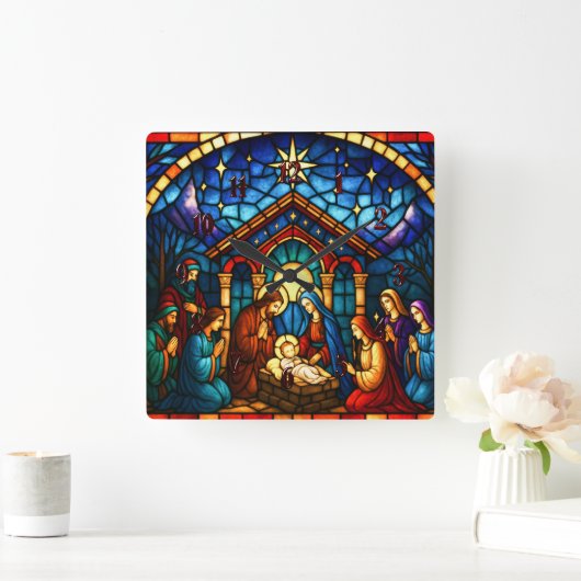 Stained Glass Nativity Scene スクエア壁時計 (ホーム)