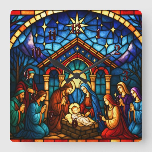 Stained Glass Nativity Scene スクエア壁時計 (正面)