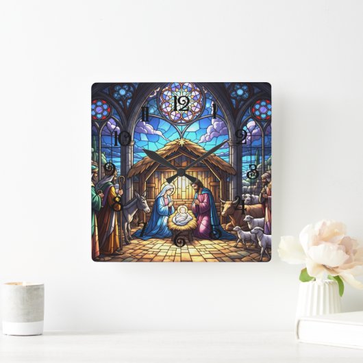 Stained Glass Nativity Scene 2 スクエア壁時計 (ホーム)