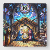 Stained Glass Nativity Scene 2 スクエア壁時計 (正面)