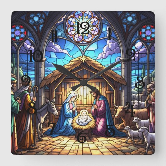Stained Glass Nativity Scene 2 スクエア壁時計 (正面)