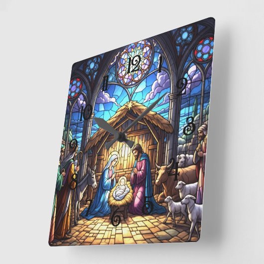 Stained Glass Nativity Scene 2 スクエア壁時計 (傾斜)