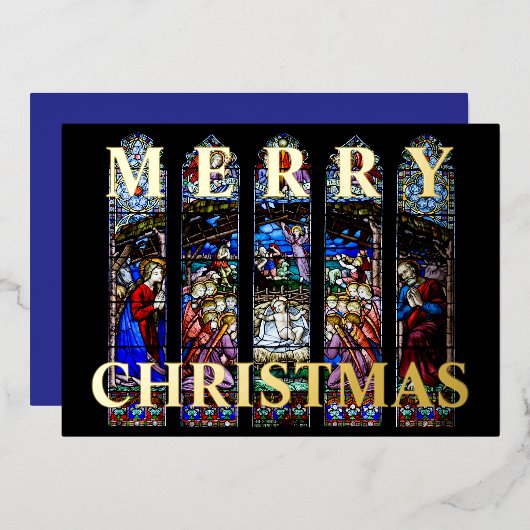 Stained Glass Nativity Scene Merry Christmas 箔シーズンカード (正面/裏面)