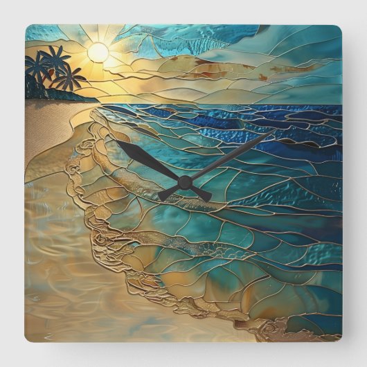 Stained Glass Ocean Beach Wall Clock スクエア壁時計 (正面)