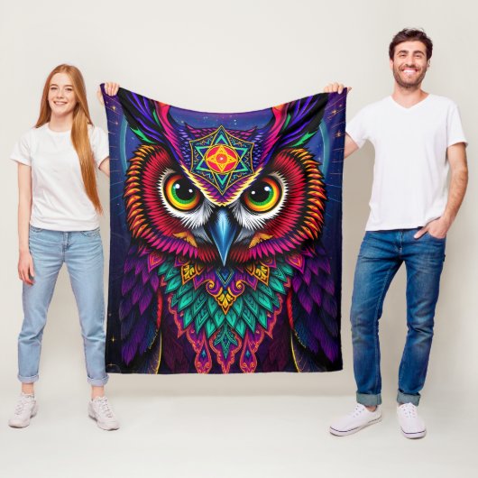 Stained Glass Owl Art: Geometric Jewel Tones フリースブランケット (インサイチュ)