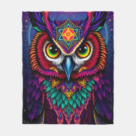 Stained Glass Owl Art: Geometric Jewel Tones フリースブランケット