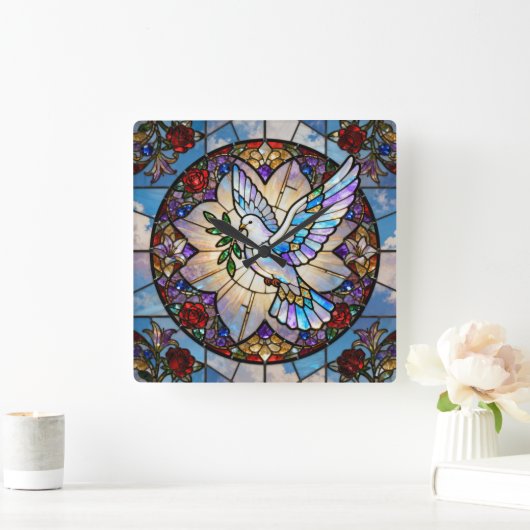 Stained Glass Peace Dove Wall Clock スクエア壁時計 (ホーム)