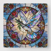 Stained Glass Peace Dove Wall Clock スクエア壁時計 (正面)