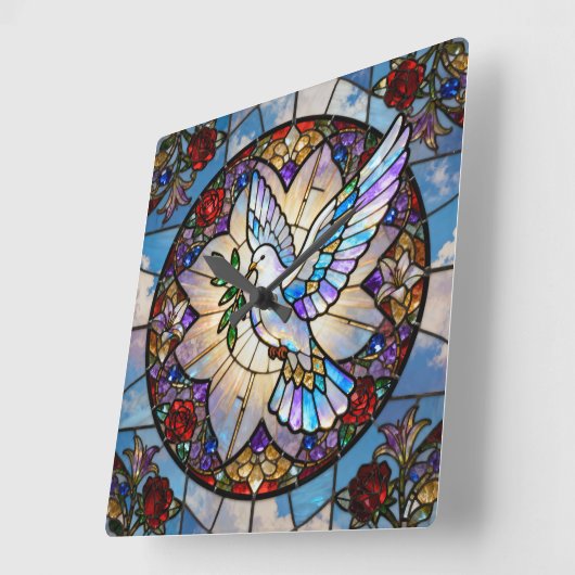 Stained Glass Peace Dove Wall Clock スクエア壁時計 (傾斜)