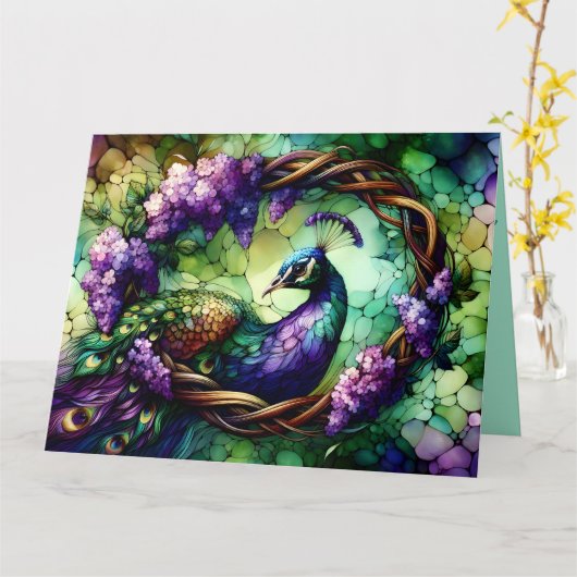 Stained Glass Peacock Floral Wreath Art カード (黄色い花)