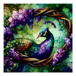 Stained Glass Peacock Floral Wreath Art ポスター