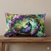 Stained Glass Peacock Floral Wreath Art ランバークッション