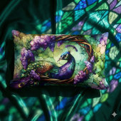 Stained Glass Peacock Floral Wreath Art ランバークッション