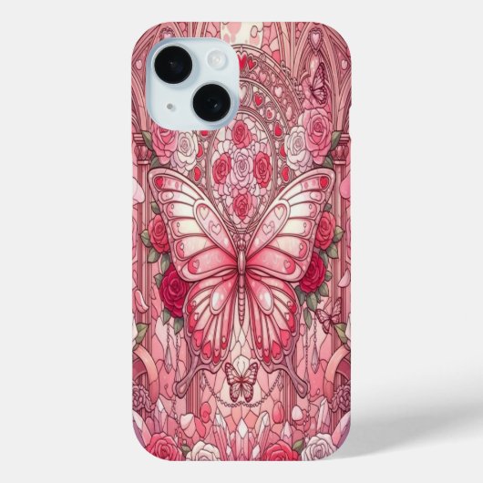 Stained Glass Pink Butterfly & Rose Garden / Roman Case-Mate iPhoneケース (裏面)