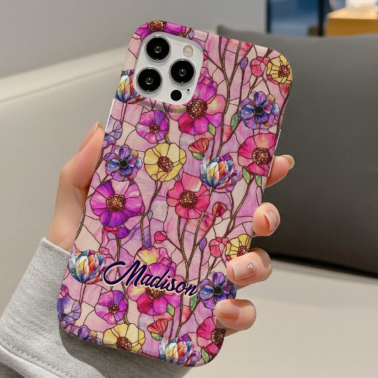 Stained glass pink purple flowers  Case-Mate iPhoneケース