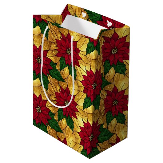 Stained Glass Poinsettia Elegant Christmas ミディアムペーパーバッグ (裏面アングル)