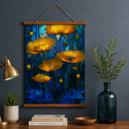 Stained Glass Poppy Flowers Blue Botanical Floral 吊り下げ型タペストリー