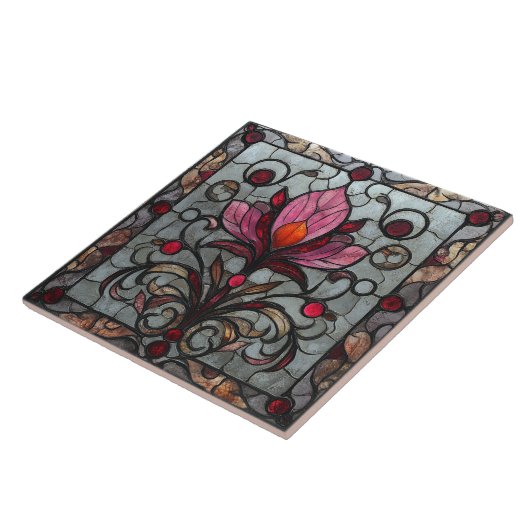 Stained Glass Red Pink Flower タイル (側面)