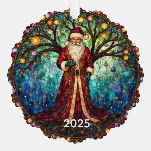Stained Glass Santa Claus Christmas Tree of Life オーナメントカード (正面)