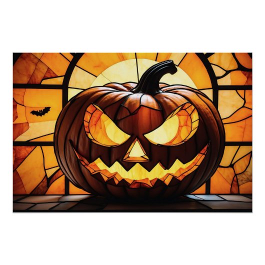Stained Glass Scary Halloween Jack-O-Lantern  ポスター (正面)