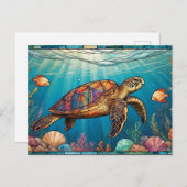 Stained Glass Sea Turtle, Fish, Coral, Ocean ポストカード (正面/裏面)