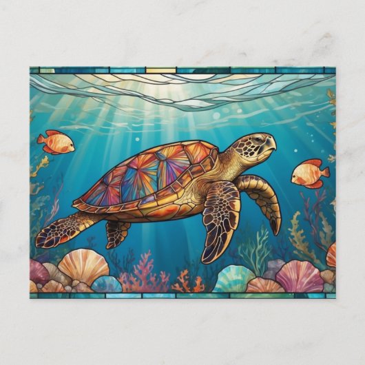 Stained Glass Sea Turtle, Fish, Coral, Ocean ポストカード (正面)