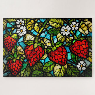Stained Glass Strawberries, Leaves and Flowers  ジグソーパズル