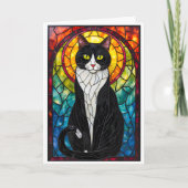 Stained Glass Style Black and White Tuxedo Cat カード (正面)