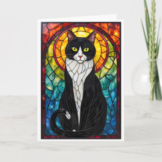 Stained Glass Style Black and White Tuxedo Cat カード (正面)