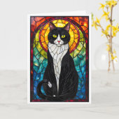 Stained Glass Style Black and White Tuxedo Cat カード (黄色い花)