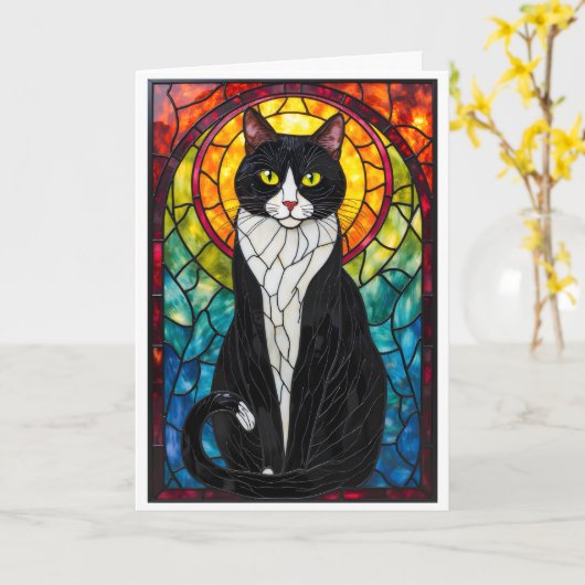 Stained Glass Style Black and White Tuxedo Cat カード (黄色い花)