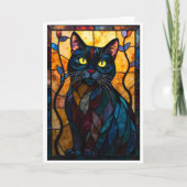 Stained Glass Style Black Cat with Leaves カード (正面)