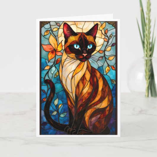 Stained Glass Style Charming Cat with Blue Eyes カード (正面)
