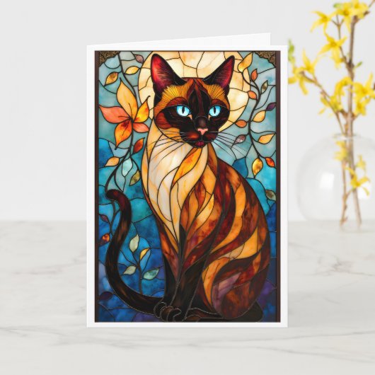 Stained Glass Style Charming Cat with Blue Eyes カード (黄色い花)