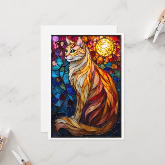Stained Glass Style Fluffy Orange and White Cat カード (正面/裏面インサイチュ)