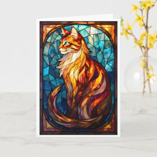 Stained Glass Style Fluffy Orange Cat カード (黄色い花)