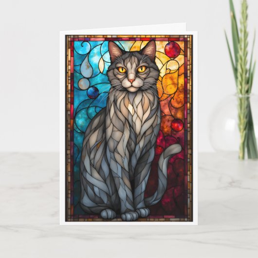 Stained Glass Style Gray Cat カード (正面)