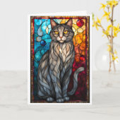 Stained Glass Style Gray Cat カード (黄色い花)