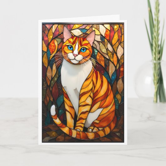 Stained Glass Style Orange Cat Blue Eyes カード (正面)
