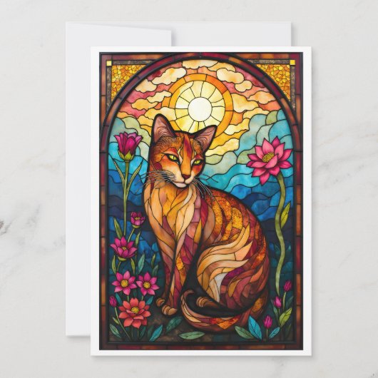 Stained Glass Style Orange Kitty with Pink Flowers カード (正面)