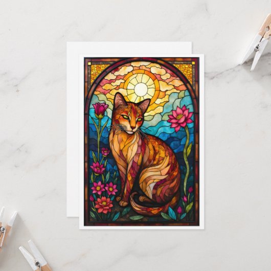 Stained Glass Style Orange Kitty with Pink Flowers カード (正面/裏面インサイチュ)