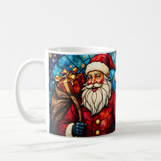 Stained Glass Style Santa Claus Merry Christmas コーヒーマグカップ (左)