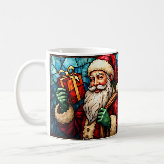 Stained Glass Style Santa Claus with Gift コーヒーマグカップ (左)